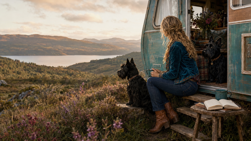 A vintage caravan beside a Scottish loch with Scottish Terriers and a woman sitting in the doorway